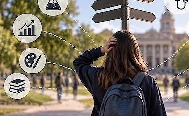 Студентка на территории университета перед указателями и символами разных академических направлений