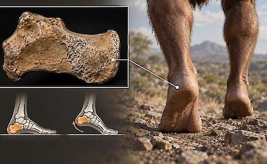 Схематичная иллюстрация пятки раннего гоминина, анатомии стопы и шага с опорой на пятку