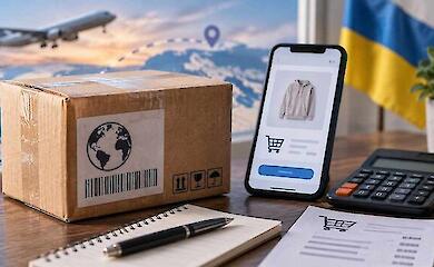 Міжнародна посилка поруч зі смартфоном, на екрані якого відображено інтернет-магазин та калькулятор, на тлі українського прапора.
