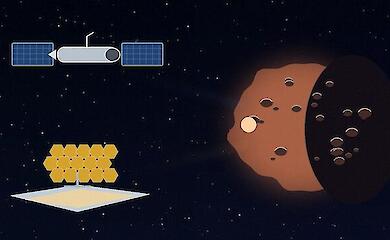 Схематична ілюстрація: телескопи Hubble і Webb спостерігають невеликий транснептуновий об'єкт у космосі.