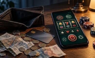 Порожній гаманець, банківська картка, гроші, фішки та смартфон з умовним інтерфейсом азартної гри на столі.