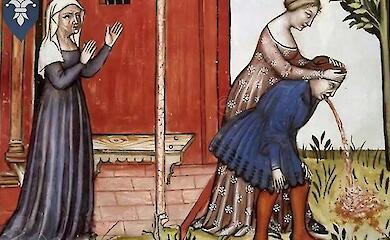 Средневековая миниатюра, на которой две женщины помогают мужчине во время рвоты.