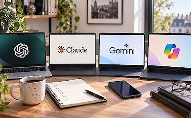 Чотири ноутбуки з інтерфейсами ChatGPT, Claude, Gemini та Microsoft Copilot на робочому столі
