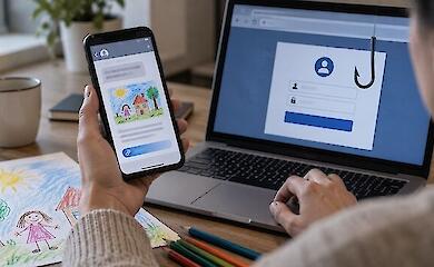 Смартфон с сообщением о детском рисунке рядом с ноутбуком и символом фишинга