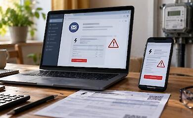 Ноутбук и смартфон с предупреждениями о подозрительном счете за электроэнергию рядом с электросчетчиком