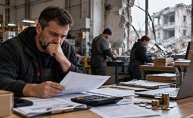 Предприниматель изучает документы и расходы в поврежденном производственном помещении после обстрела