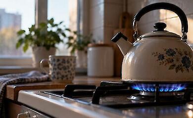 Чайник на увімкненій газовій конфорці в домашній кухні
