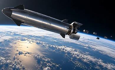 Космічний корабель Starship на орбіті Землі випускає супутники.