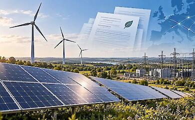 Сонячні панелі, вітрогенератори та електромережева інфраструктура як ілюстрація розвитку відновлюваної енергетики