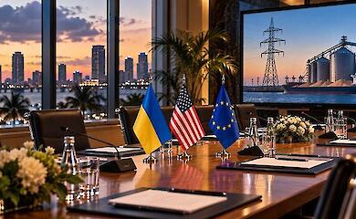 Пустой стол для переговоров с флагами Украины, США и Евросоюза, микрофонами и экраном с изображением энергообъектов и зернового терминала