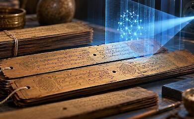 Ілюстрація: давні рукописи на пальмових листках і умовний блакитний промінь наукового приладу.