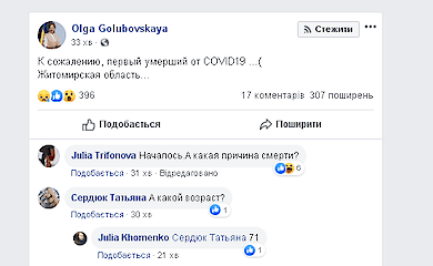 Перший смертельний випадок від COVID-19 - літня жінка з Житомирської області